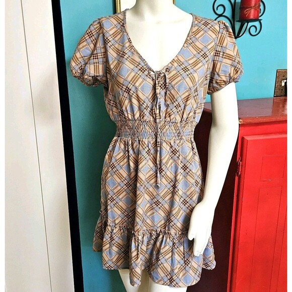 Bebop Plaid Prairie Ruffle Baby Doll Mini Dress Pullover Brown Blue Plaid Med Jr - Picture 2 of 10